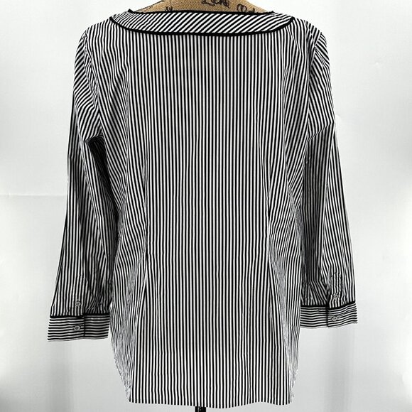 TALBOTS Blouse Womens Petite Large Black White Striped Long Sleeve Side Zip Top - Picture 3 of 7